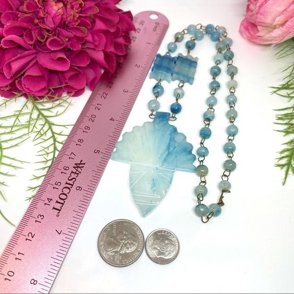 VINTAGE⚜️Genuine Teal Quartz Carved Gem Necklace - Picture 8 of 12